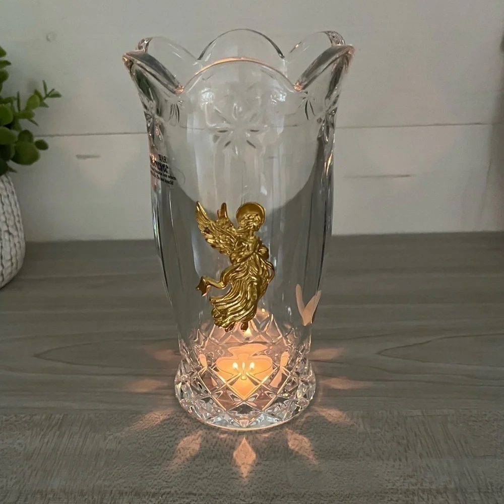 VTG Teleflora Heavy Bohemian Lead Crystal Hurricane Candle Holder Golden Angel